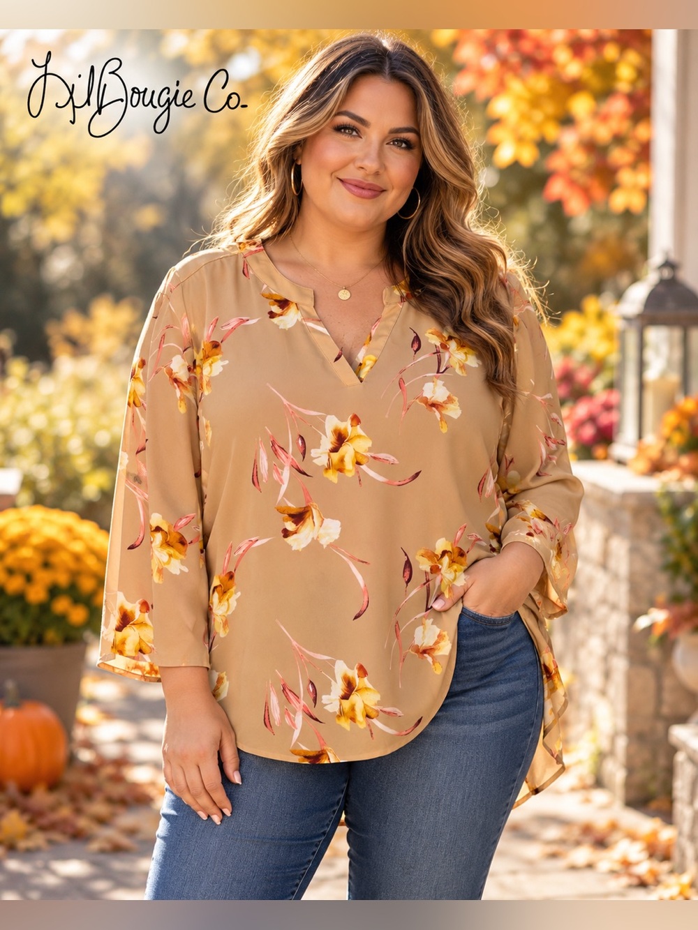 CATO Women’s Plus Size 22/24W Tan Floral High Low Tunic Blouse Roll Tab Sleeve